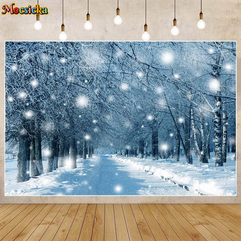 Mocsicka Neve Inverno Sfondo Foresta d'argento Campo di neve Sfondo fotografico all'aperto Bambini Puntelli per photocall per adulti per studio fotografico