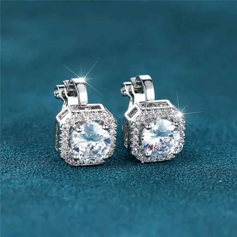 Female Cute Small Clip Earrings White Zircon Round Stone Earrings For Women Vintage Silver Color Crystal Jewelry Bridal Earrings