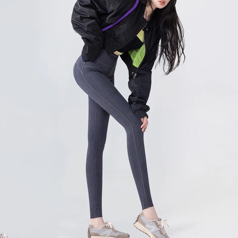 Pantalones vaqueros de imitación de cintura alta para mujer, mallas informales elásticas ajustadas para levantar la cadera, pantalones vaqueros de lana para otoño e invierno, mallas de Yoga