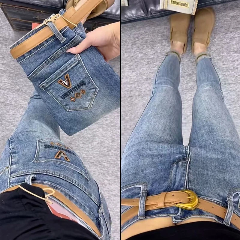 

Autumn new high waisted embroidery slim and stretch versatile pencil pants women's light blue high quality denim pants