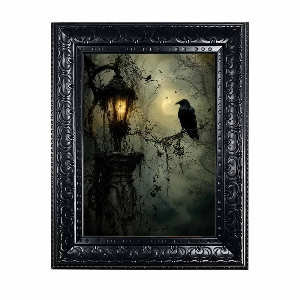 Halloween Wall Art, Framed Canvas Wall Art Gothic Crow Vintage Lantern Print for Dark Academia Spooky Moody Home Decor