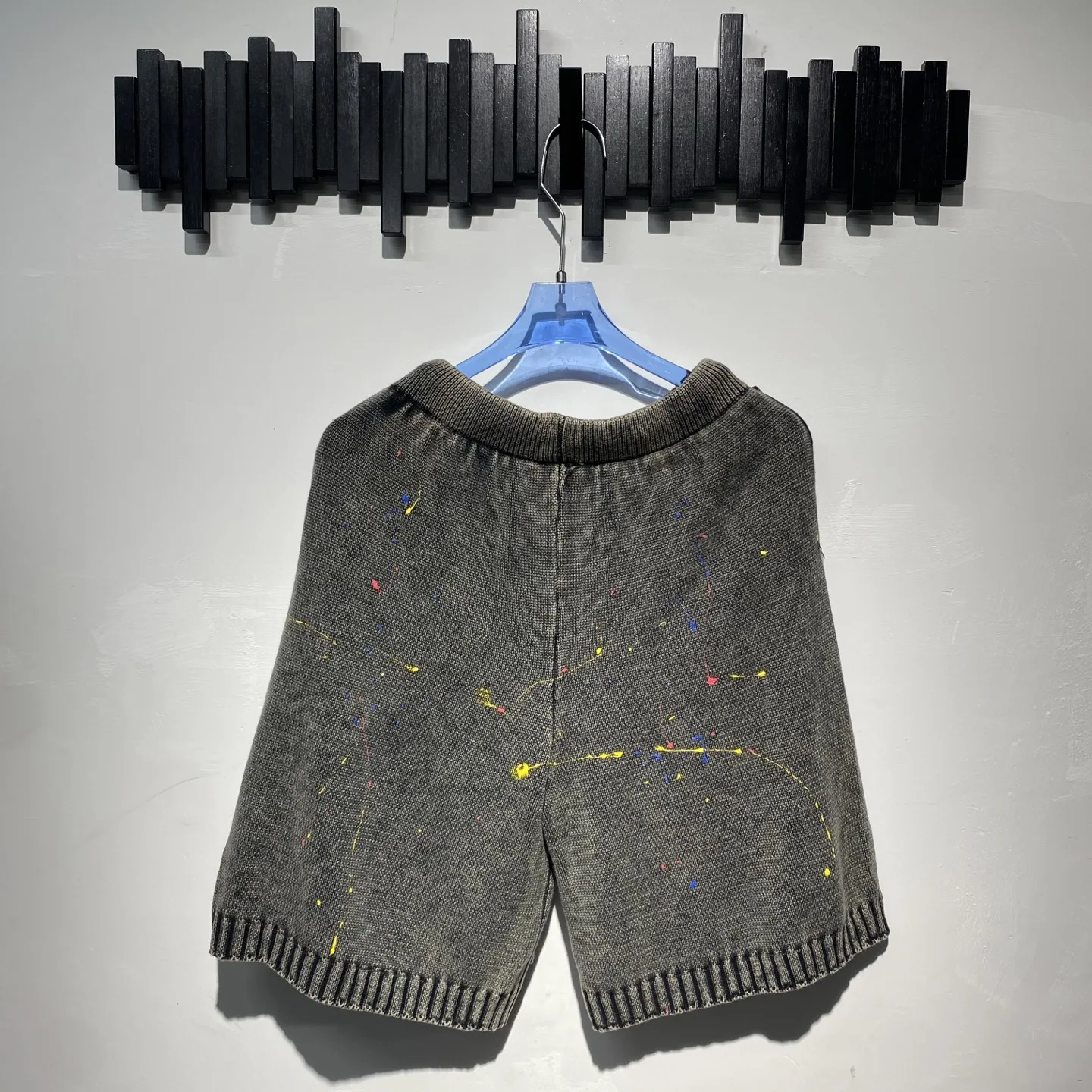 Watercolor Splash Print Embroidery Knitted Shorts Distressed Washed Unisex Drawstring Waist Loose Casual Streetwear Short Pants