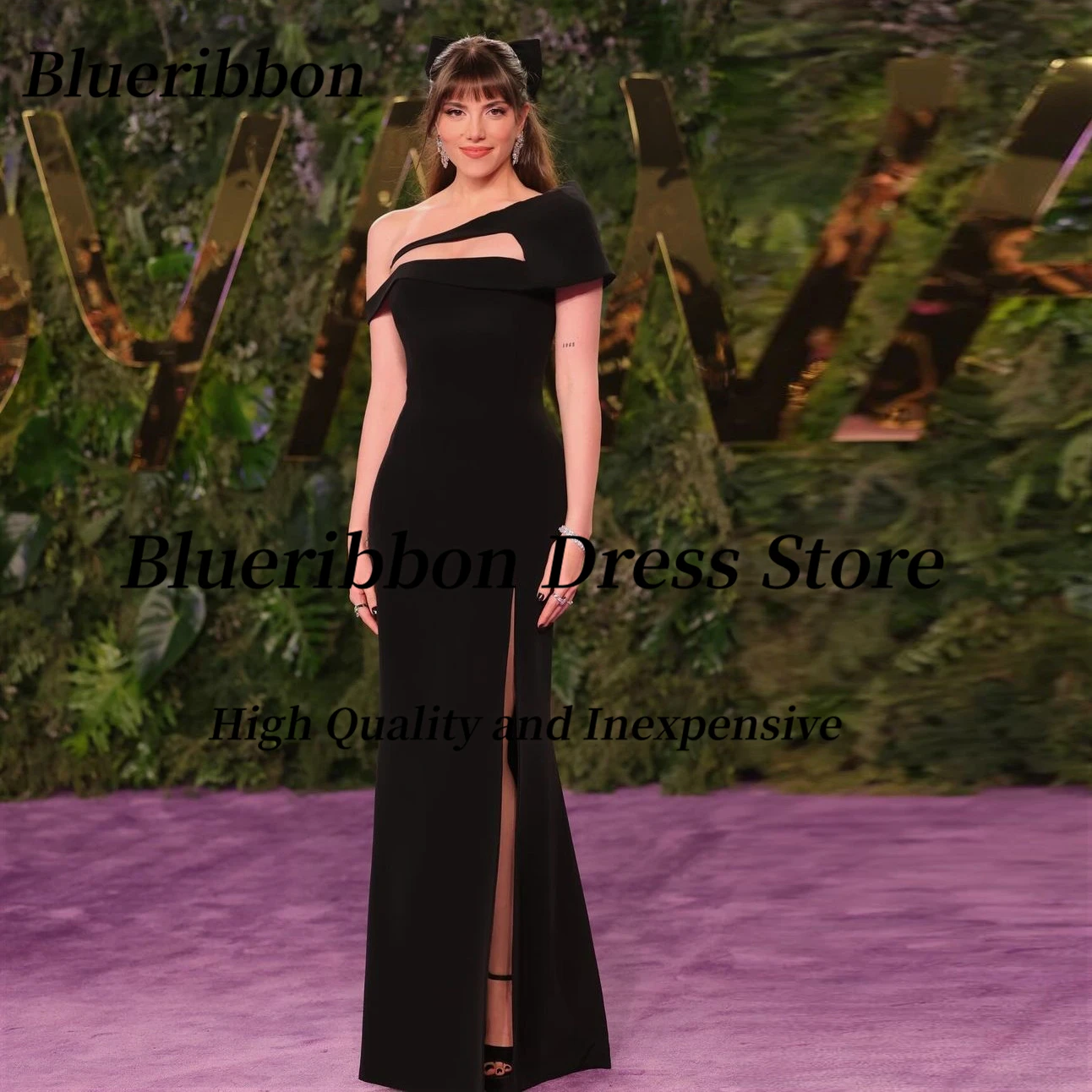 

Blueribbon Celebrity Women Wear Black Prom Dresses Side Slit Long Elegant Evening Party Gowns Zipper Back Formal Dress