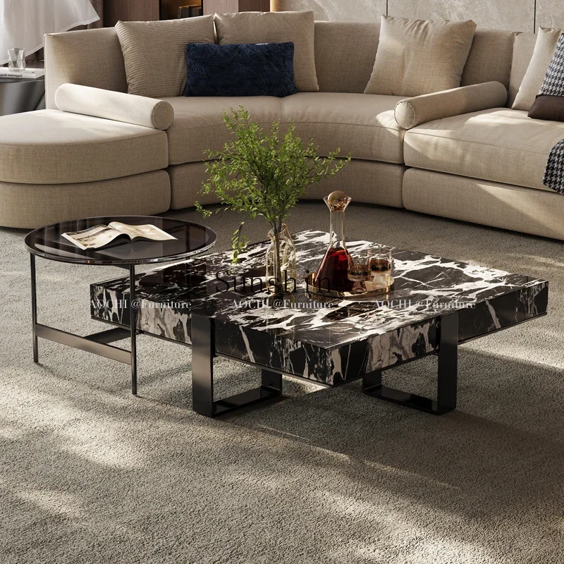 

Premium Italian living room simple light luxury stainless steel marble high and low coffee table combination