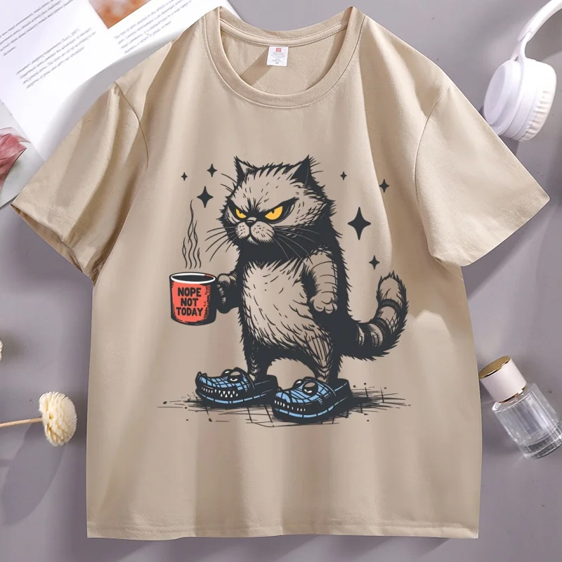 Nope Not Today T-Shirt Cat Mom Tshirt Cute Angry Cat Coffee T Shirt O Neck Short-sleeved Tops Cat Dad Breathable Man Cotton