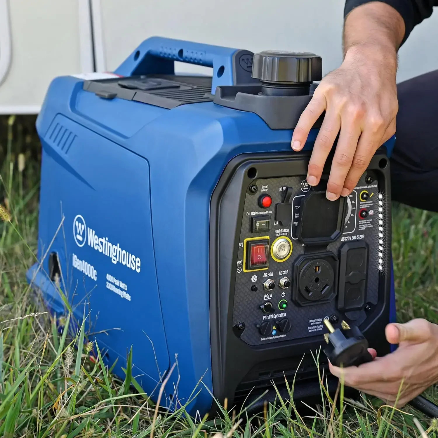 

A Outdoor Power Equipment 4000 Peak Watt Super Quiet Portable Inverter Generator Remote Electric Start with Auto Choke