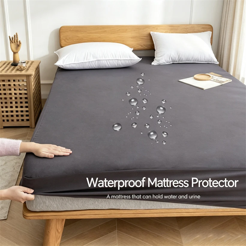 Waterproof Fitted Mattress Protector Solid Color Bed Sheet Cover Elastic Band Dust‑Proof Bed Cover Single Double Queen King Size