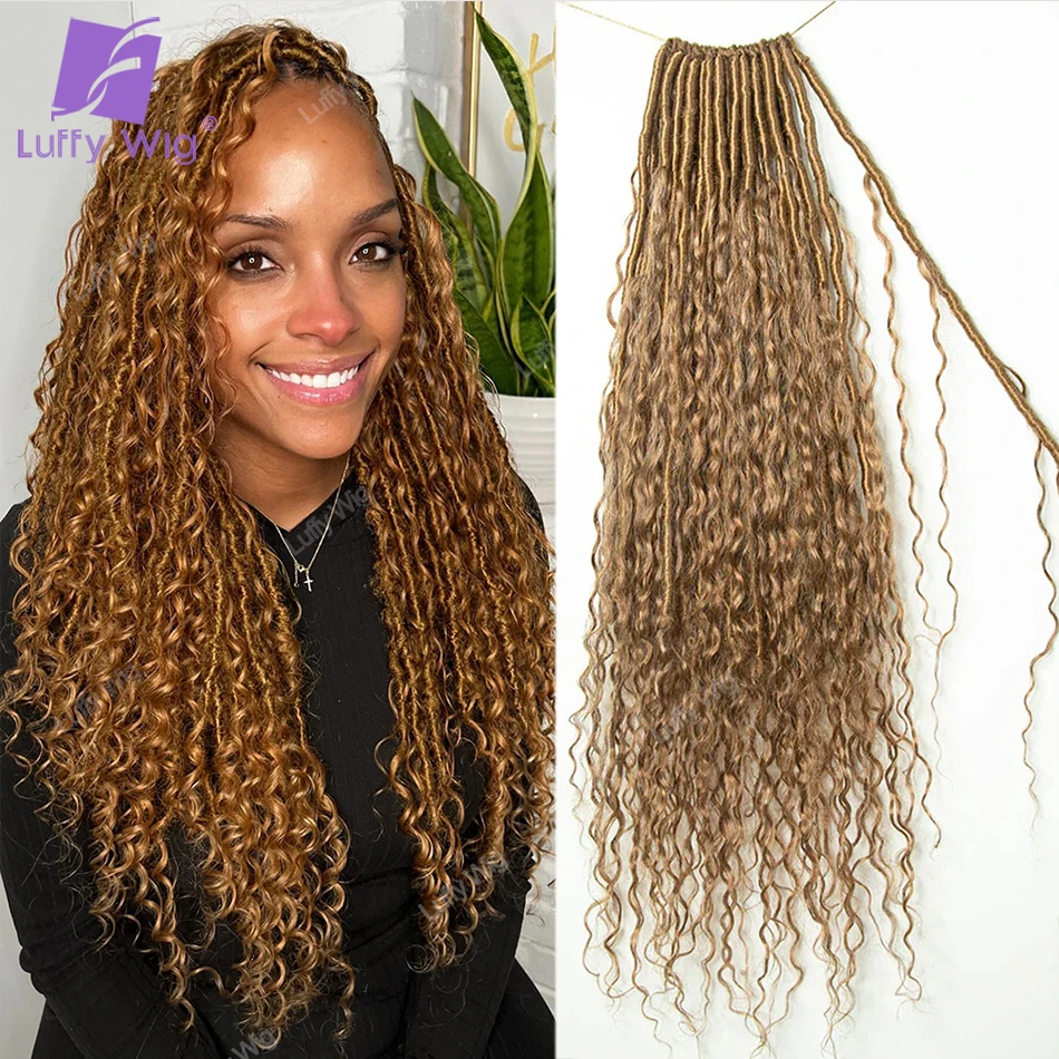 

Boho Crochet Locs With Human Hair Curls #27 Pre Looped Faux Goddess Dreadlocks Braiding Hair With Human Hair Curly Ends Luffy