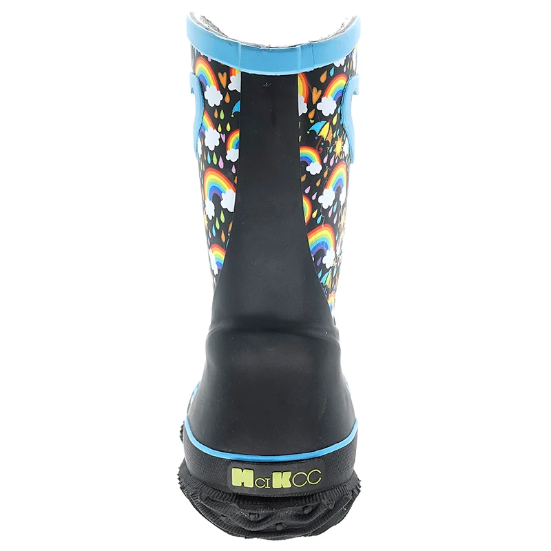 MCIKCC Black-Blue Stitching Rainbow Printed Waterproof Rubber Insulated Rain Garden Snow Boots for Big Kids Toddler Boys Girls