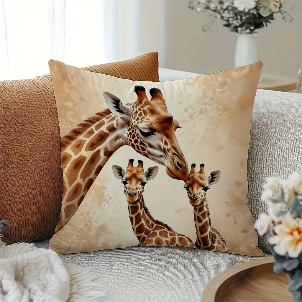 1pc Giraffe Mother and Calves Print Throw Pillow Cover,Suitable for Sofa,Bedroom,LivingRoom,Heartwarming Gift for Animal Lovers