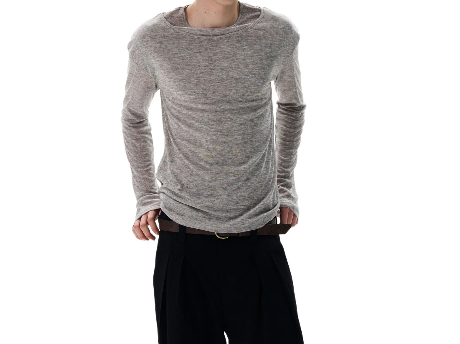 solid color double-layer collar round neck long-sleeved T-shirt fake two-piece European and American men's bottoming shirt top