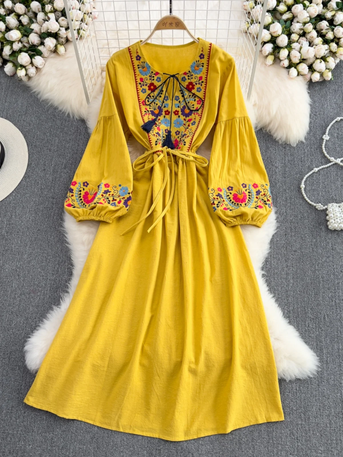 女性スリムロングドレス刺繍レースアップウエストボヘミアンエスニック海辺休暇ビーチボヘミアンホリデー