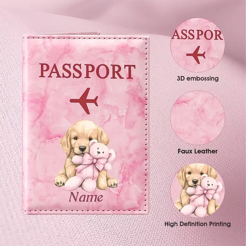 Custom Personalized Name Customized Cute Puppy Holding Doll Illustration Design PU Passport Holder, Warm And Cute Pet