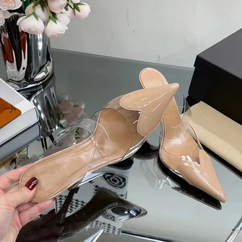 Elegant Pointed Toe Transparent PVC Heart High Heels Mules Slipper Shoes Women 2025 Black White Red Shoes Luxury Designer Pumps view 4