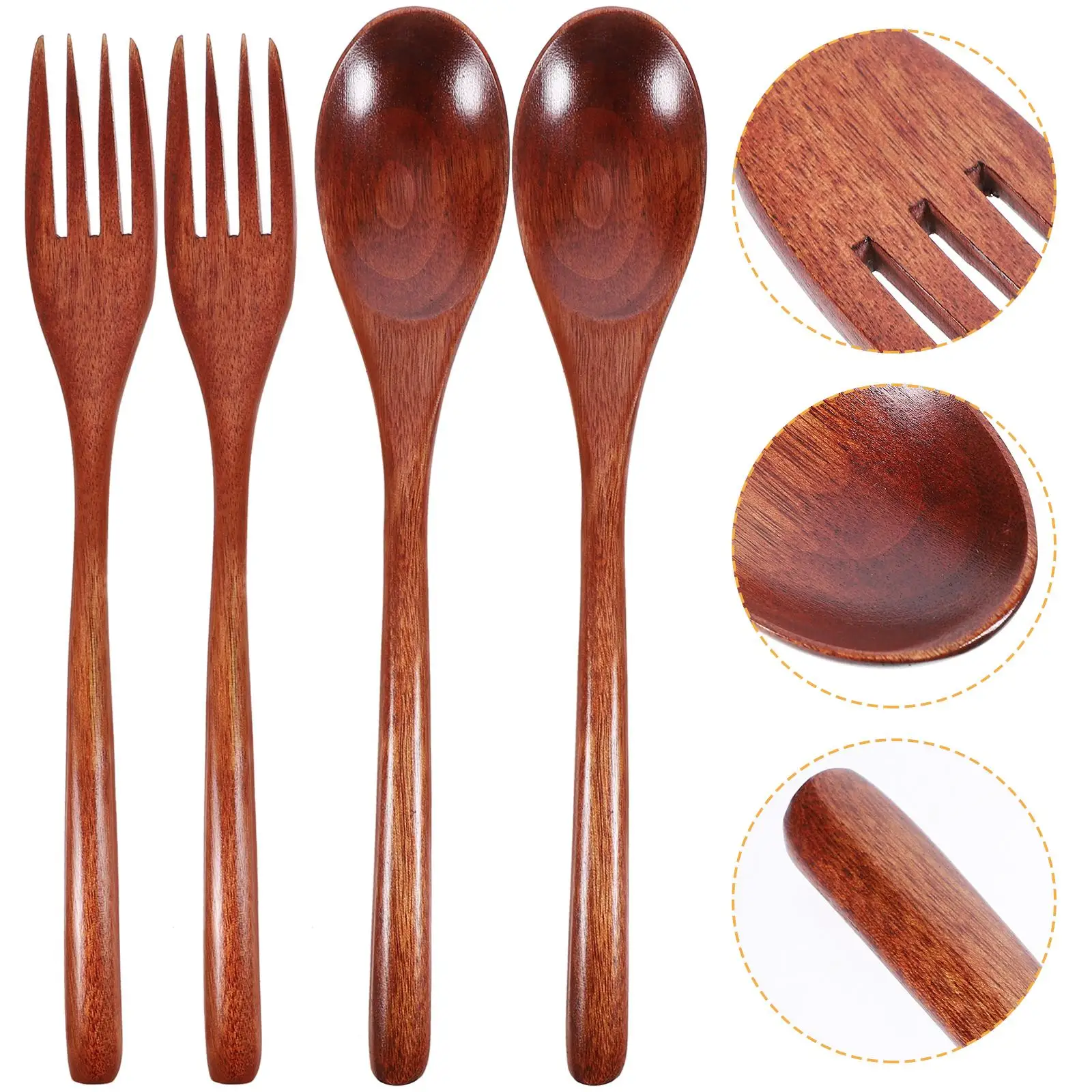

6 Pcs Wooden Utensils Fork Spoon Set 22 5cm Long Handle Reusable Ergonomic Design Home Restaurant Party Banquet