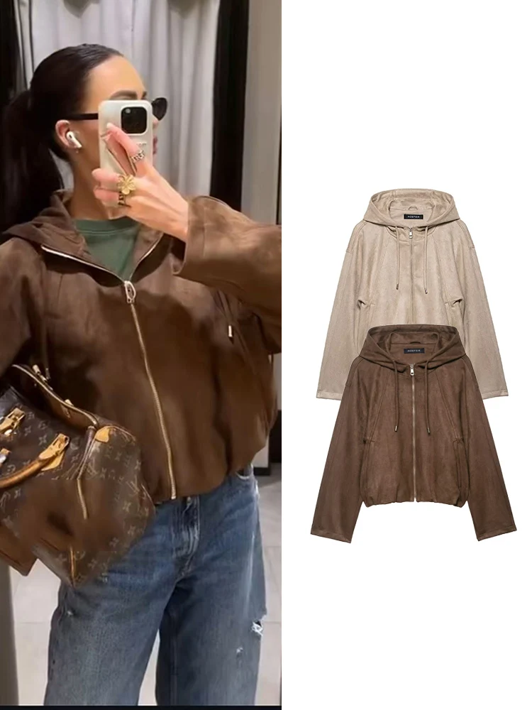 

Женская модная теплая куртка с капюшоном, осенняя новая короткая куртка на молнии с длинными рукавами и карманами, женская повседневная однотонная куртка