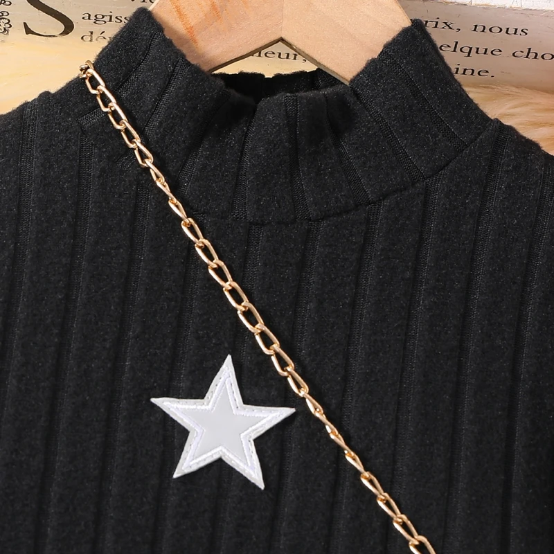 Autumn Winter Kids Casual Dress Fashion Girls Long Sleeve Warm Striped Star Slimming Sweater Lengthened Children Clothing 8-12Y