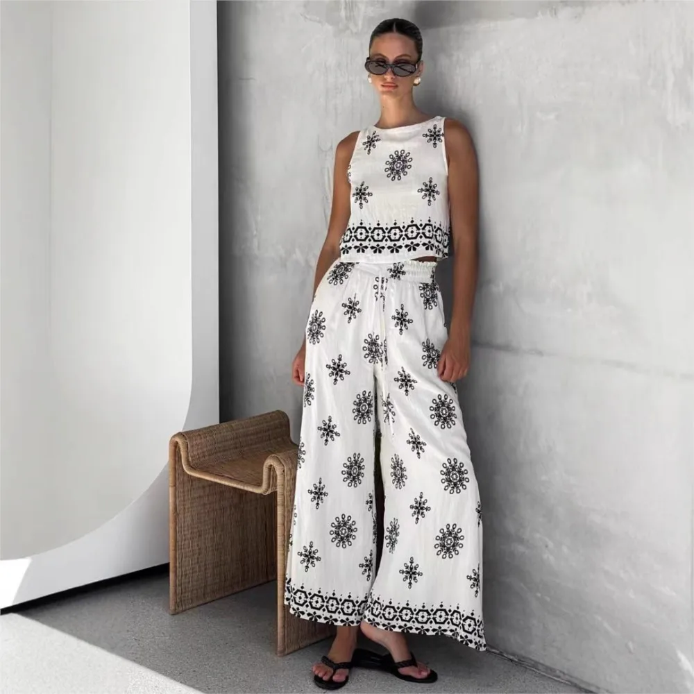 

Casual Printed Sleeveless Tops Wide-leg Pants 2-piece Set Fashion Loose Single-breasted T Shirt Women's Vacation Long Pants Set