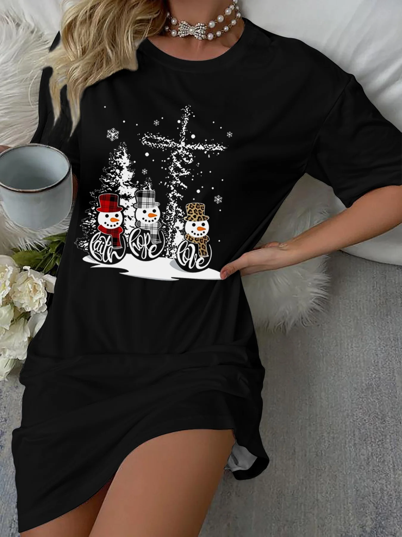 Dames Fun Kerst 3D Gedrukt Sneeuwpoppen Patroon T-shirt Jurk Comfortabele A-lijn Damesjurk Kerstkostuum Y2k Kleding