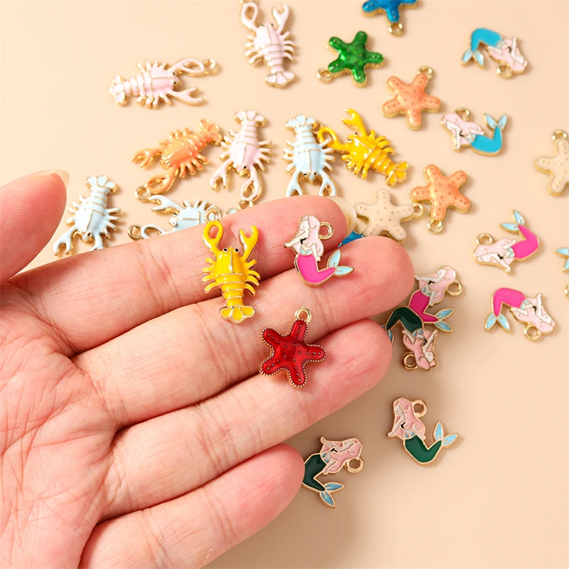 10 Stück Niedliche Emaille-Meerjungfrauen-Anhänger mit Hummer- und Seestern-Motiven für Schmuckherstellung, Ohrringe, Halsketten, DIY-Bastelzubehör – Detail 2