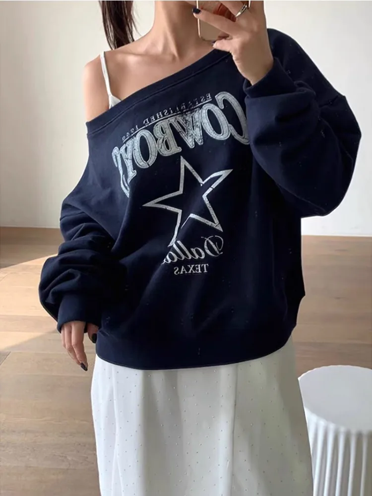 

HOUZHOU Korean Style Graphic Sweatshirts Women Off Shoulder Oversized Vintage Y2k Letter Printed Pullovers Casual Streetwear