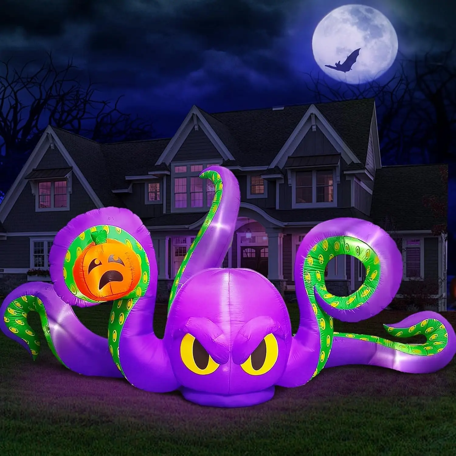 Giant Octopus Halloween Inflatables 12Ft Purple Sticky Pumpkin LED Light Outdoor Blow up Decoration for Carnival Party Store