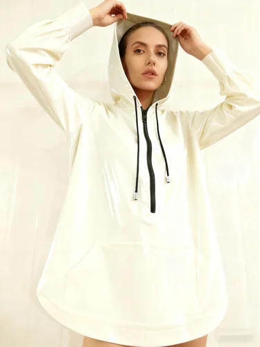 

Latex Rubber Coat Stylish Cosplay Long Sleeve Hoodie Cool Jacket Size S-XXL White