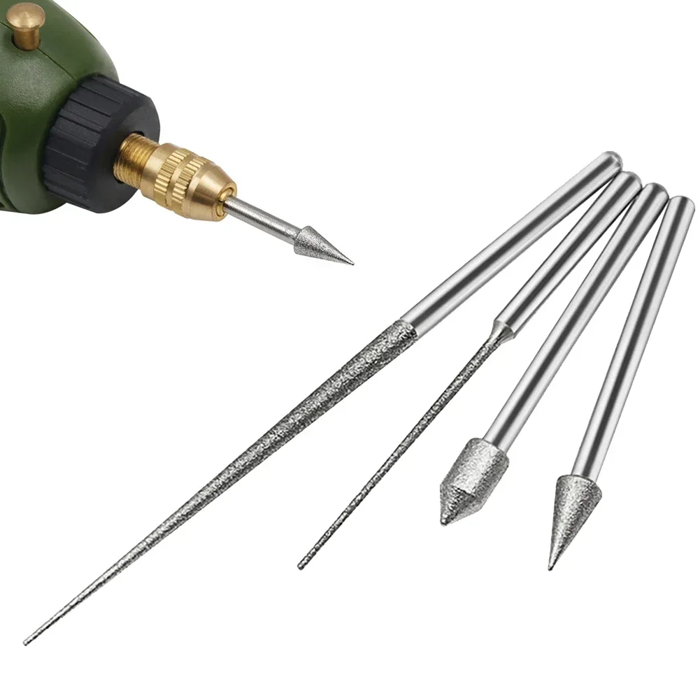 Diamond Grinding Head Needle Bits 3MM Shank Carving Needle Grinding Rods Burrs Engraving Carving Drilling Tool Glass Stone Bit