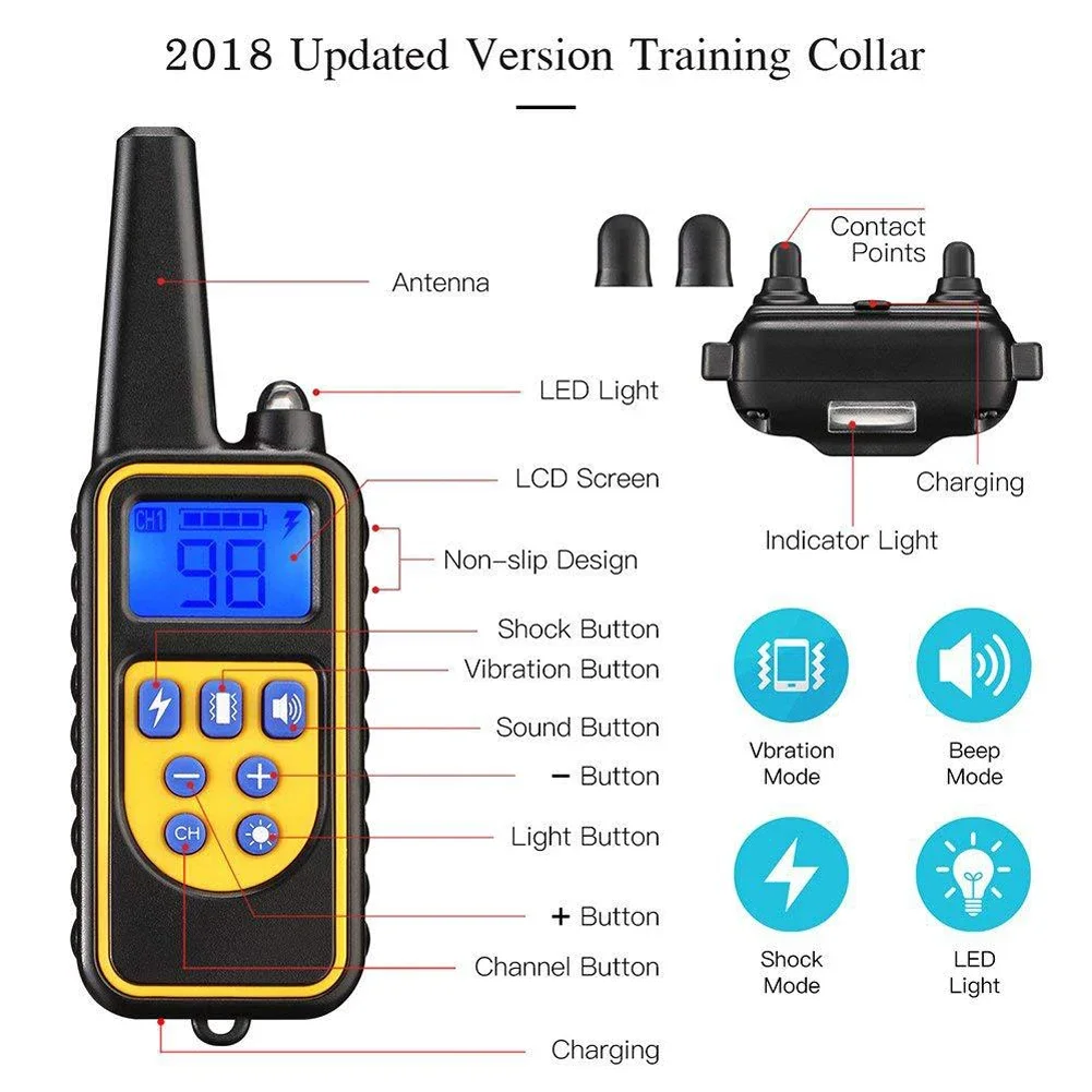 800m Electric Dog Training Collar Remote Control IPX6 2624.67FT Waterproof Rechargeable Pet Dog Bark Stop Shock Collar Shocker