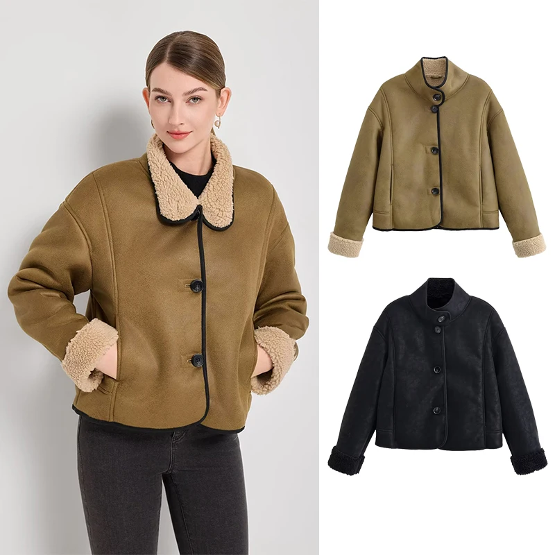 

Women Fur One-Piece Jacket 2025 Autumn Winter New Fashion Long Sleeve Button Leather Jacket Female Chic Leisure Outerwear