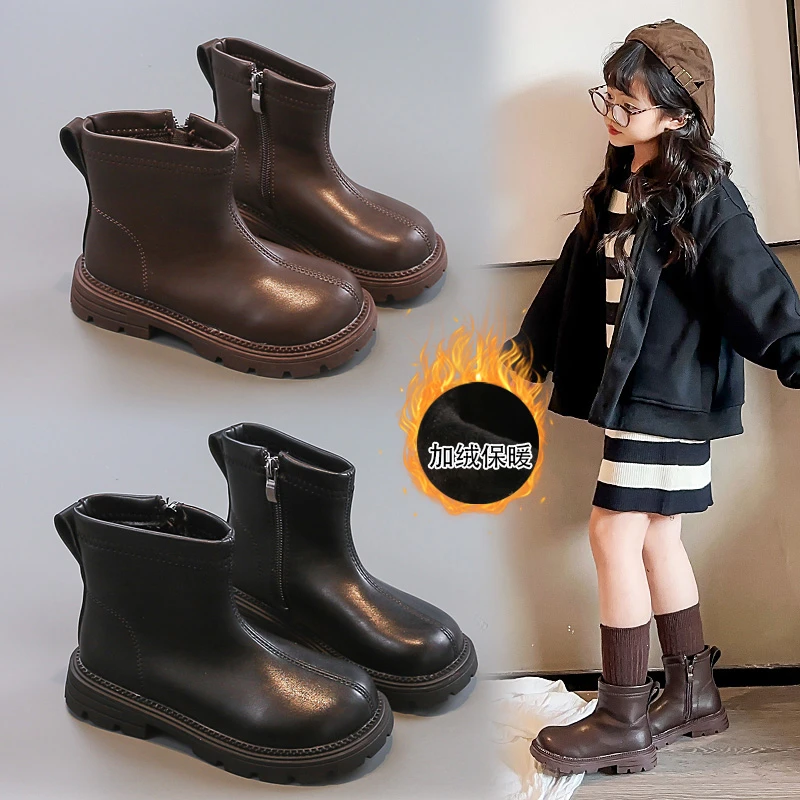 

Детские кожаные ботинки с круглым носком для девочек, новинка 2023 года, зимние детские флисовые ботинки, нескользящие простые классические детские школьные ботинки для вечеринок, возраст 3–8 лет