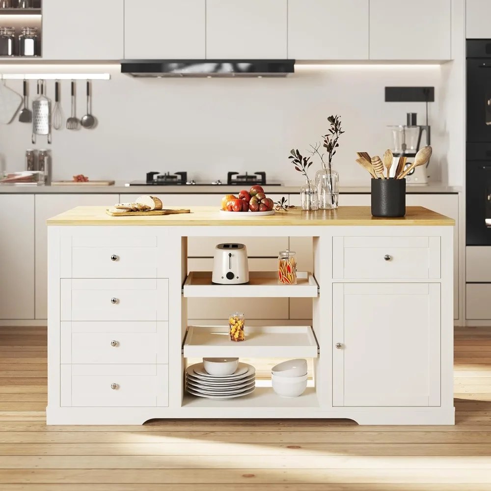 59 Inch Large Kitchen Island with Power Outlet, Farmhouse Thick Table Top Drawer, Organized Storage Space with Rubber Wood