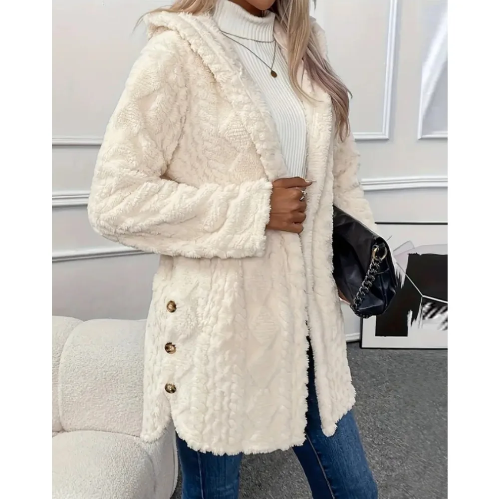 Solid color temperament plush jacket 2024 autumn and winter new hot-selling long-sleeved fashion loose hooded jacket women