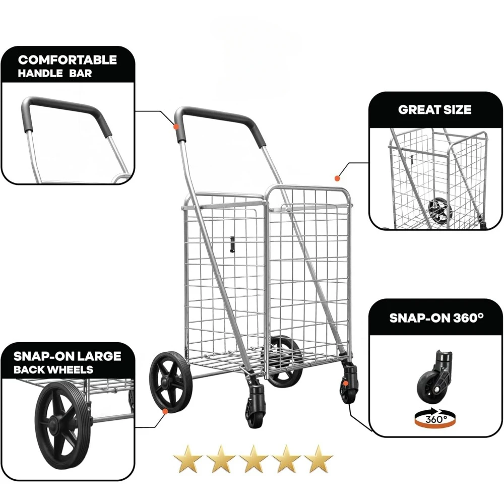 Folding Shopping Cart with 360-Degree Swivel Wheels, Silver (Single Basket)