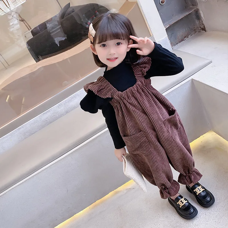 Winter Baby Girls Loose Thick Warm Ruffled Sleeves Corduroy Jumpsuits Kids Jogging Pants Child Therme Bodysuits Trousers 2-8Yrs