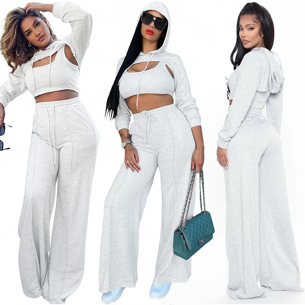 

Pant Set Women Three Piece Sets Hooded Full Sleeve Solid Short Tops Vests Wide Leg Long Pants Lace Up Elastic Waist Work