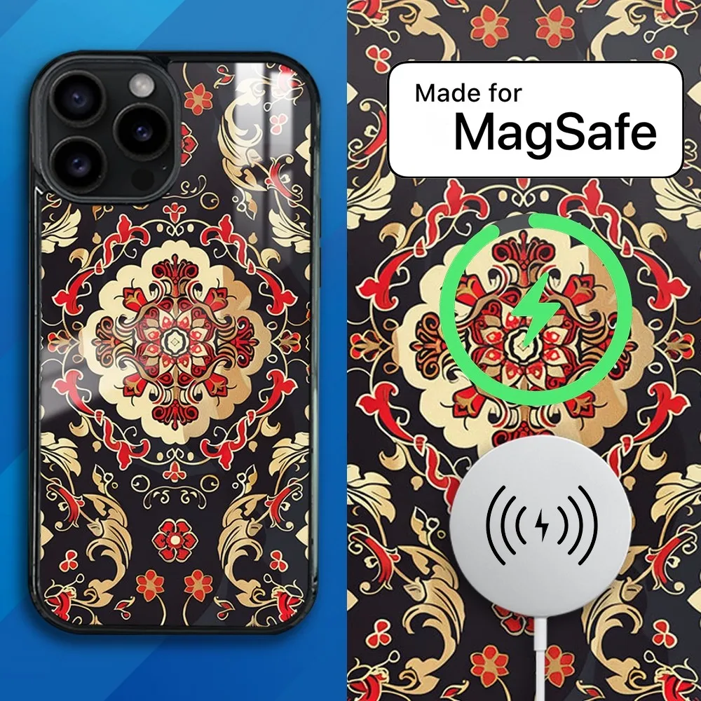 

Persian Carpet Floral Pattern Magnetic Phone Case For iPhone 15 14 13 12 11 Pro Max Plus Mini Mirror Wireless Magnetic Cover