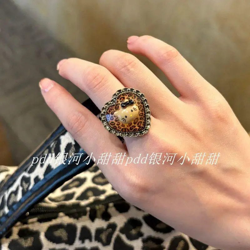 Kawaii Cute Sanrio Hello Kitty Leopard Print Ring Necklace Vintage Y2K Fashion Sweet Spicy Accessories Birthday Gifts for Girls