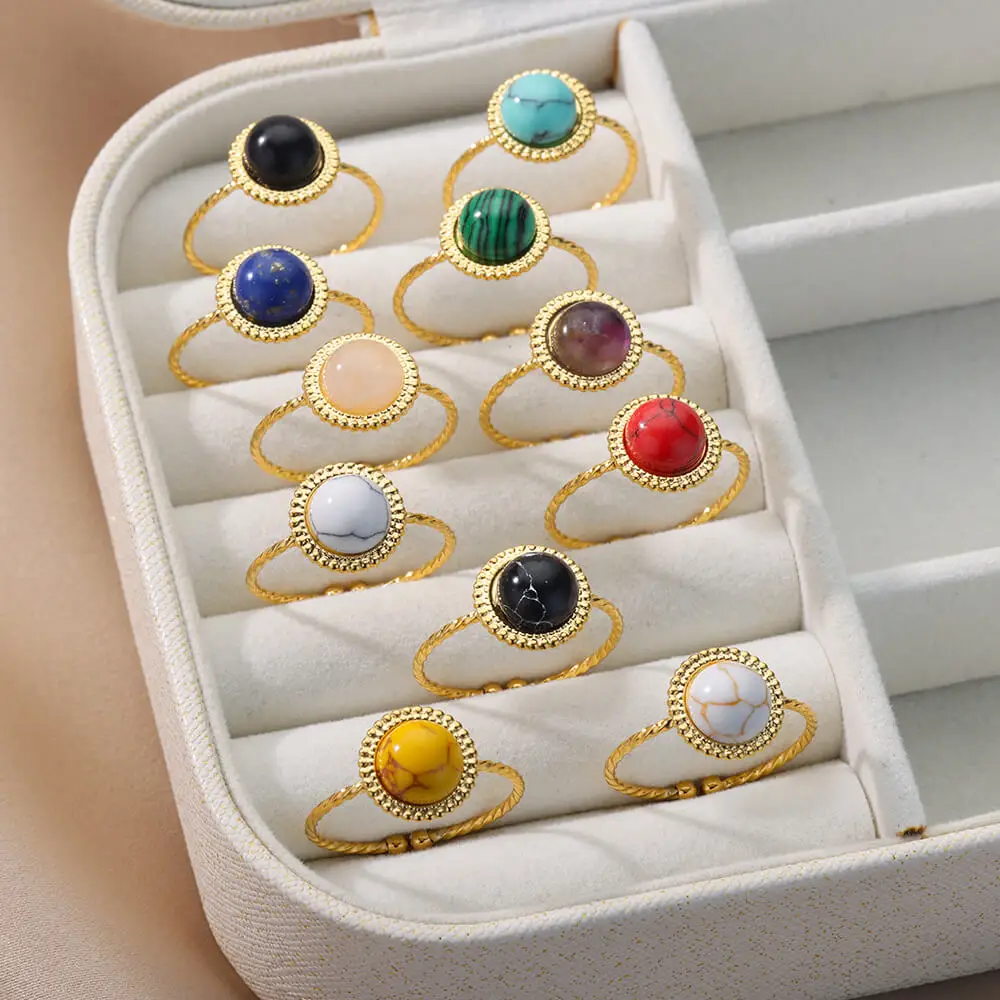 Stainless Steel Round Stone Rings For Women Vintage Colorful Ball Opal Finger Ring Open Adjustable Jewelry Gift Bague femme