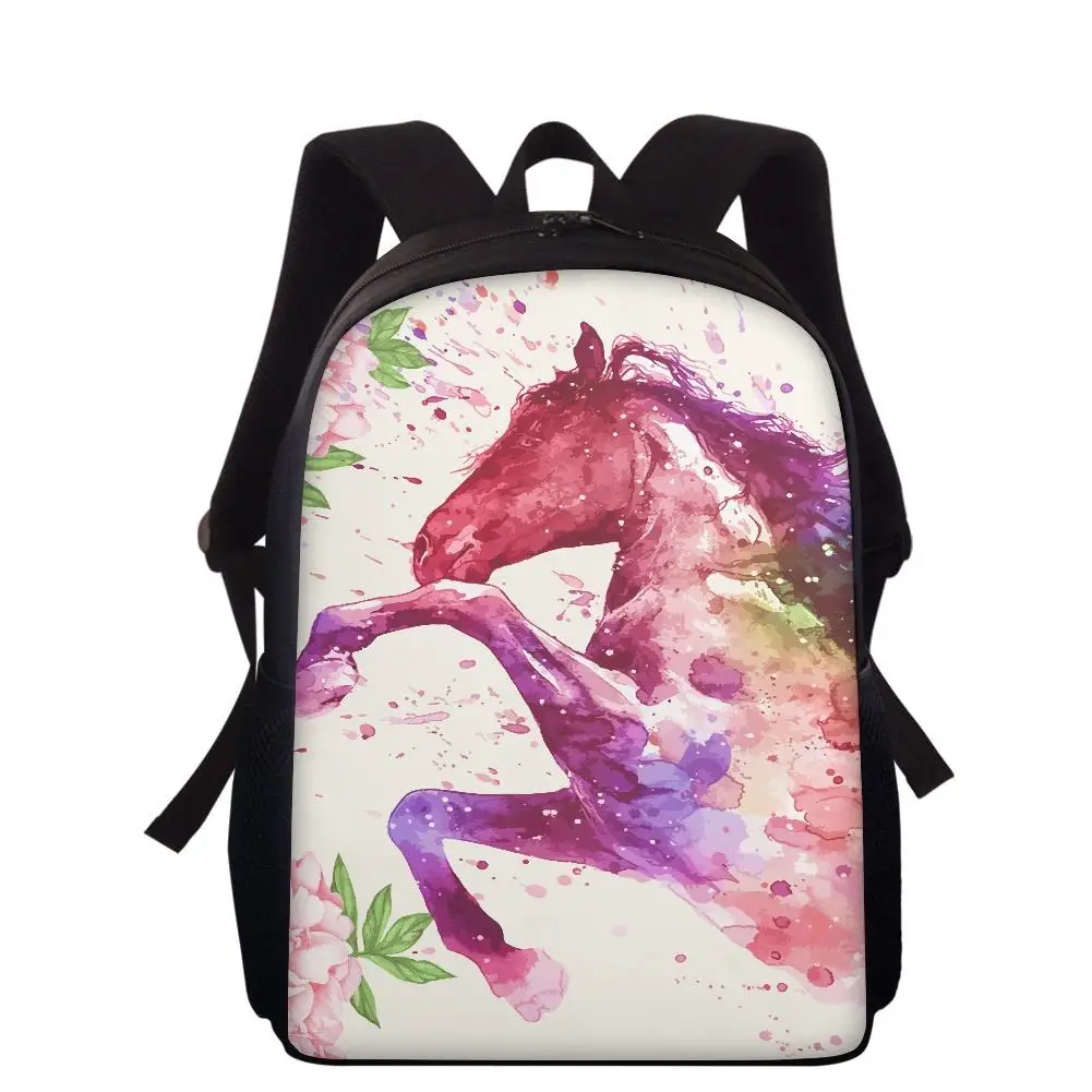 Mochila escolar con estampado de caballos de acuarela para niños y niñas, morral diario de animales de dibujos animados, mochilas escolares de 16 pulgadas, mochilas para adolescentes