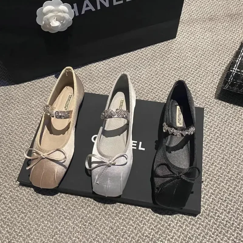 Zapatos planos con punta cuadrada para mujer, zapatos de Ballet con diamantes de imitación para primavera y otoño, zapatos Mary Jane para mujer, talla grande 42 43 44