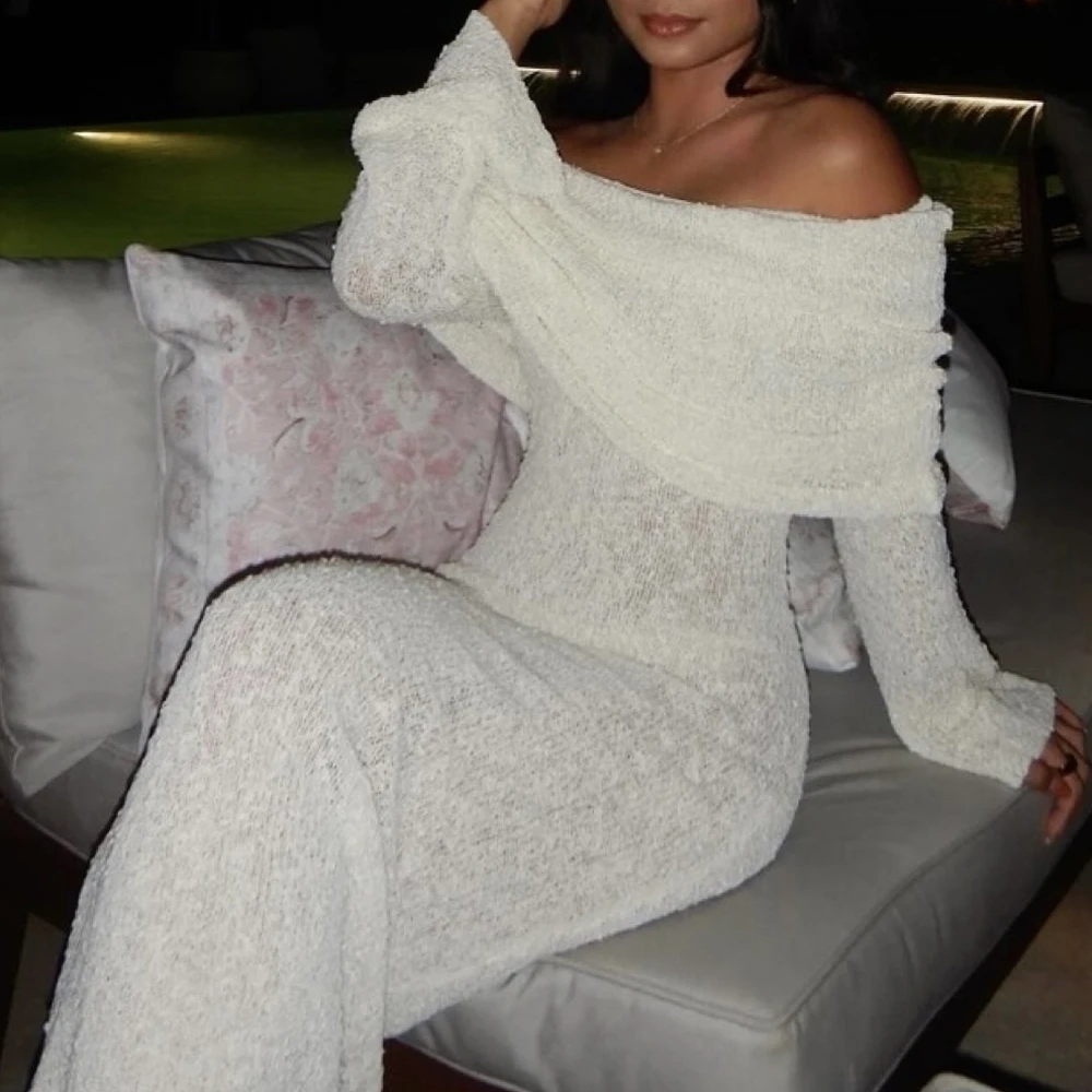 Sexy gebreide jurk met één schouder en uitgehold ontwerp, elegante, nauwsluitende strandvakantie, zwembadfeest met lange mouwen