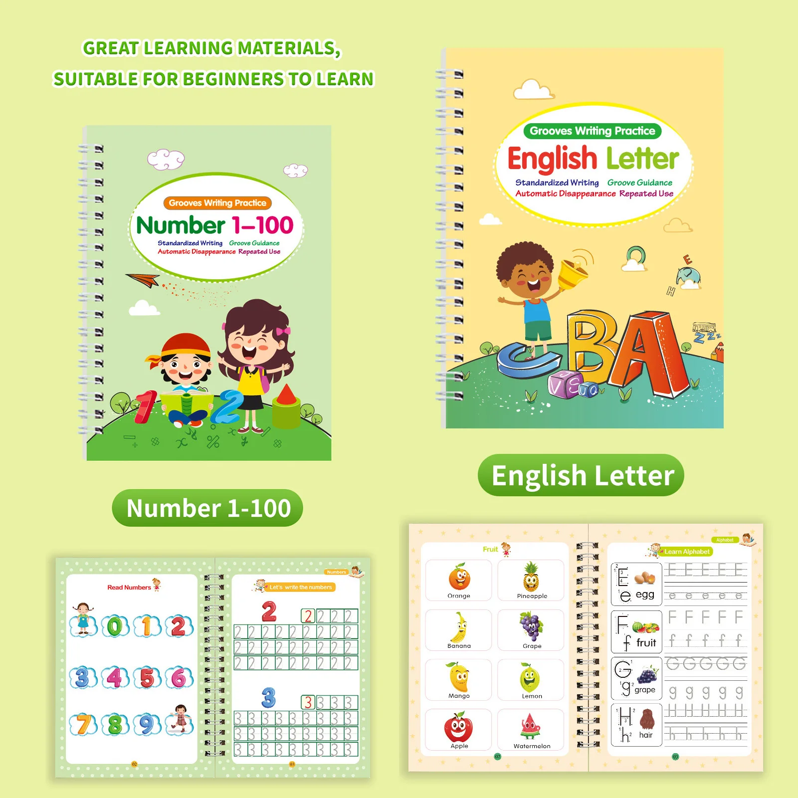 4 pezzi di quaderno di esercizi di scrittura riutilizzabile scanalato magico, libro di tracciamento di lettere, libro di esercizi di scrittura a mano per l'apprendimento dei bambini