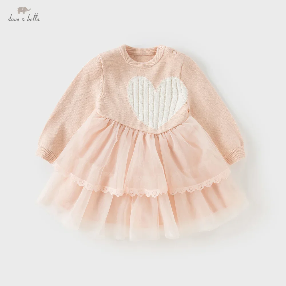 Dave Bella Girls Baby Princess Sweater Dress Love Print Children's Long Sleeve Sweet Cute Pink Mesh Dress Gentle Party DB3253530