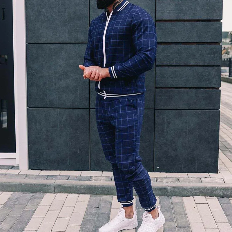 New Plaid Tracksuit Men\'s Sets Gentleman Jacket Sportswear Male Sports Suit 3D Print 2 Piece Set Sweatpants Chandals Man Clothes