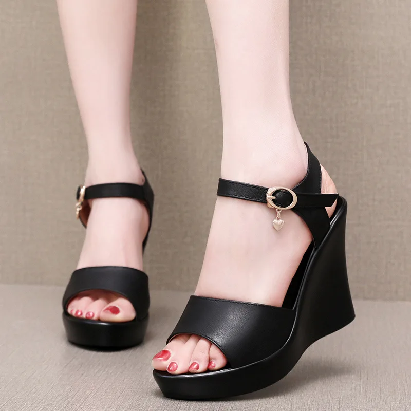 Size 33 34 37 38 39  41 Fashion Genuine Leather Peep Toe Women\'S Heel Summer 2024 Shoes Female Wedge Heel Woman Sandals Platform