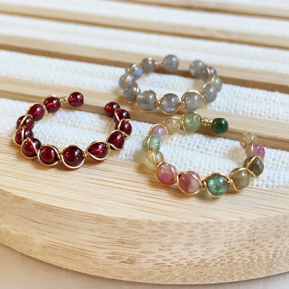 Gold Color Natural Crystal Stone Rings for Women Wire Wrap Small Beads Charm Garnets Tourmalines Labradorite Quartz Rings Bands - Image 4