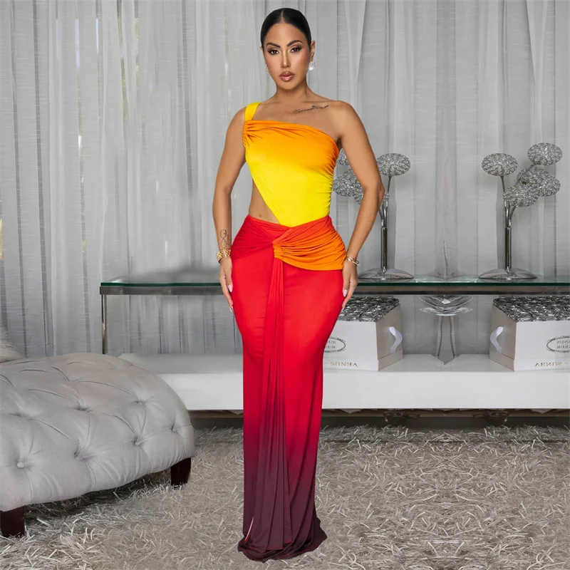 Doyerl Gradient Print Ruched Bodycon Maxi Dress Women Evening Elegant Night Club Party Sleeveless Draped Prom Dresses Vestidos