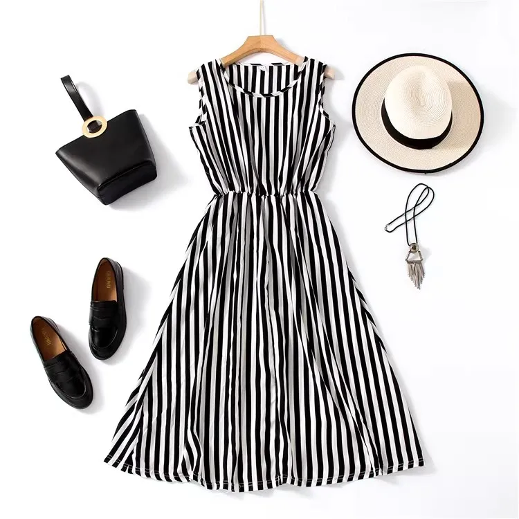 

Summer New Vintage Striped Loose Slimming Dress Sleeveless Women's Clothing Mommy Style Mid-aged And Elderly Women's Dress