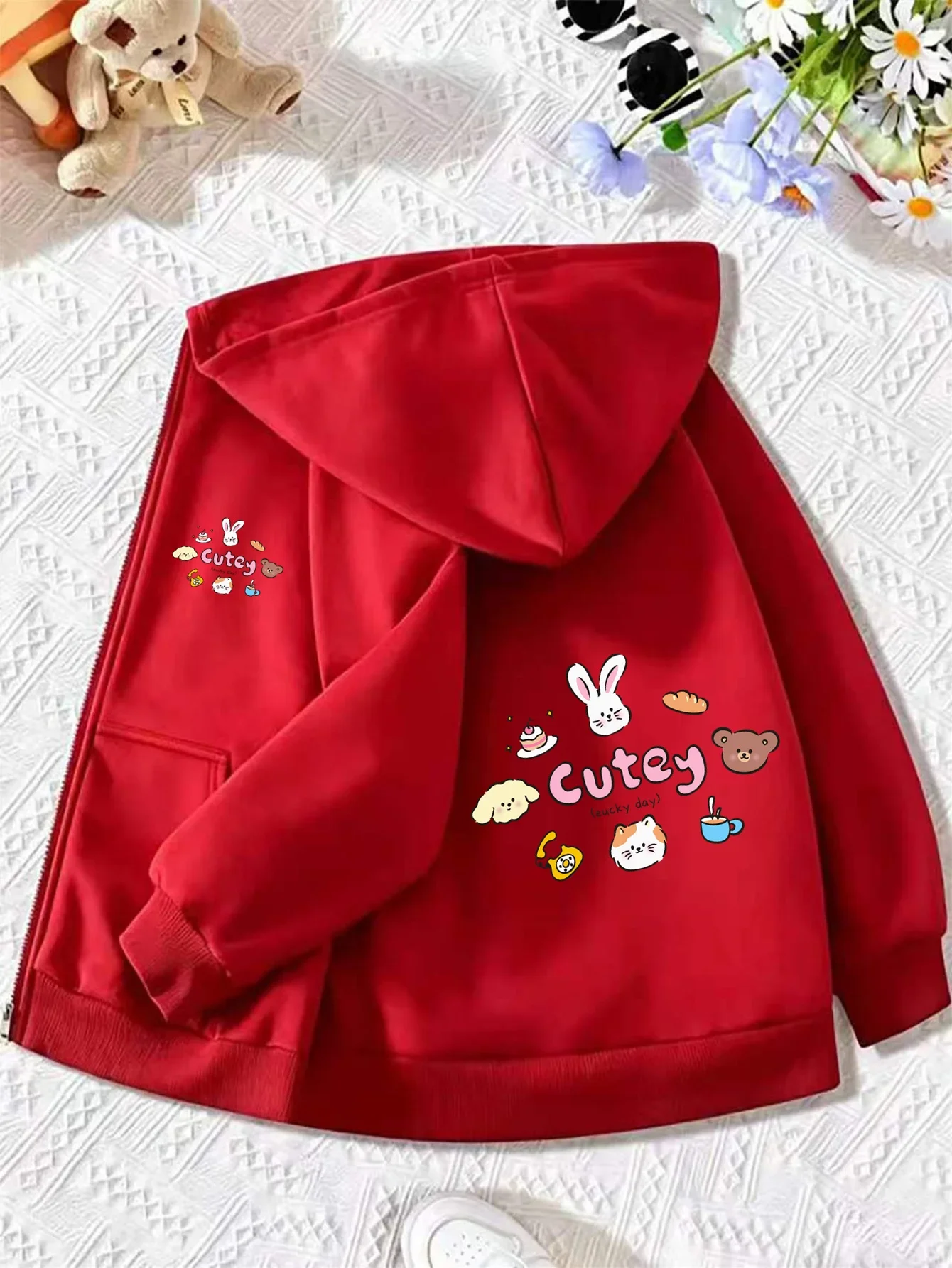 Girls Cutey Animal Friends Print Zip Up Hoodie Bunny Bear Cat Cartoon Graphic Kids Thin No Fleece Jacket